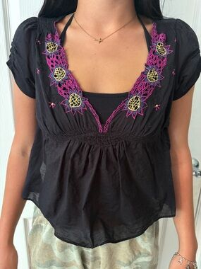 Free People New Romantics Top Black Cropped Sheer Fluttery Open Back With Tie